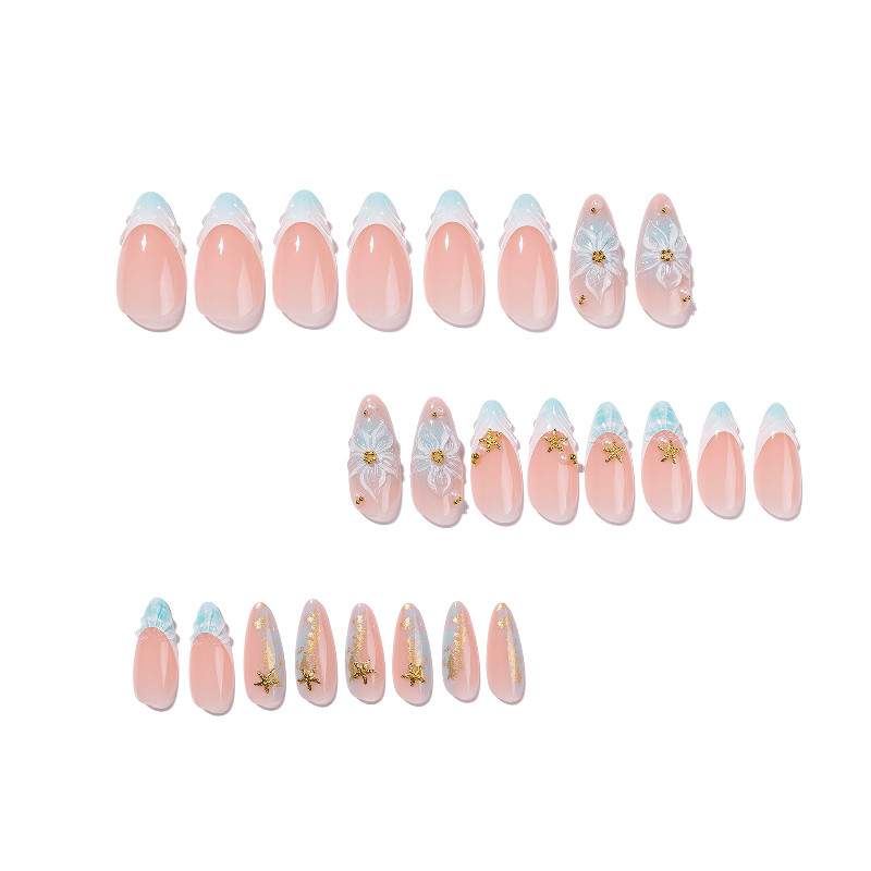 48pcs Stiletto Press on Nails, Light Blue French 3D Flower Gold Starfish Nails