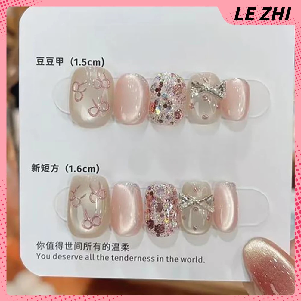 10Pcs Handmade Press on Nails Short Square Round Cat Eyes Sequins Diamond Bow