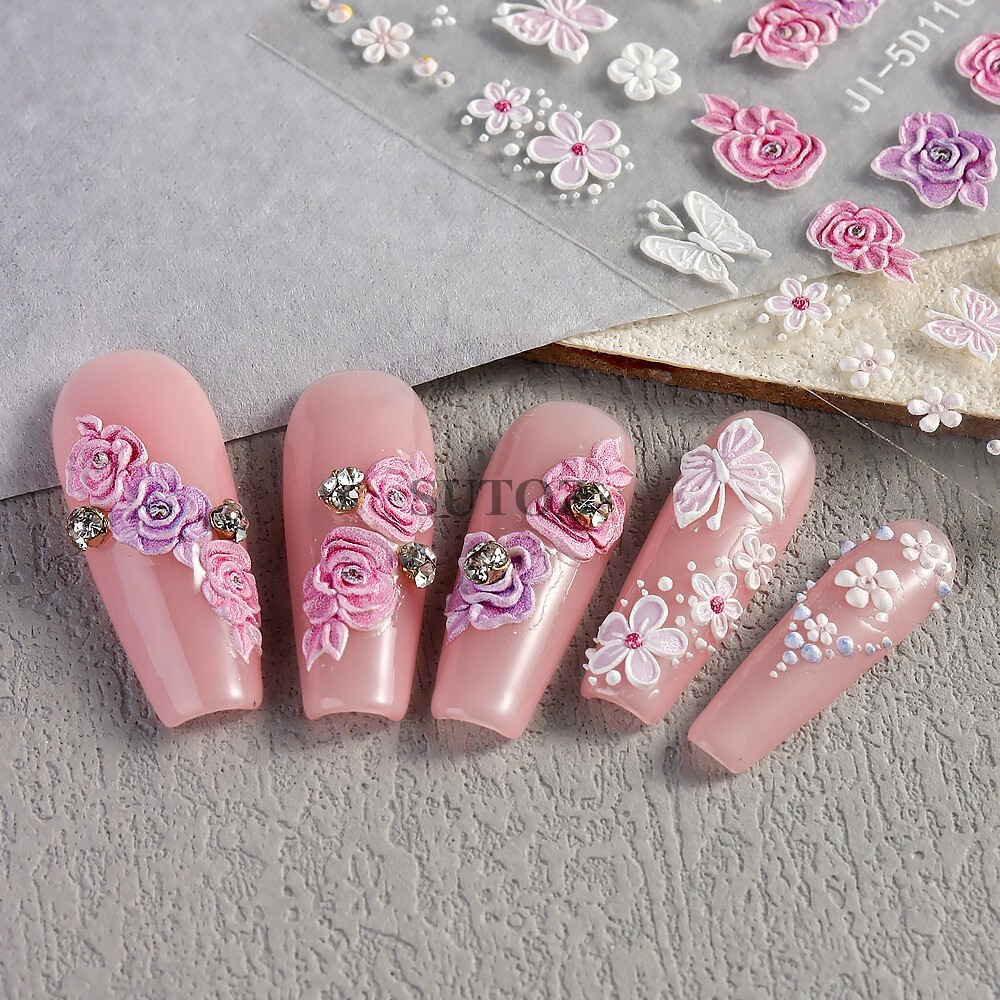 5D Embossed Daisy Rose Butterfly Camellia Flower Nail Art Stickers Self-adhesive
