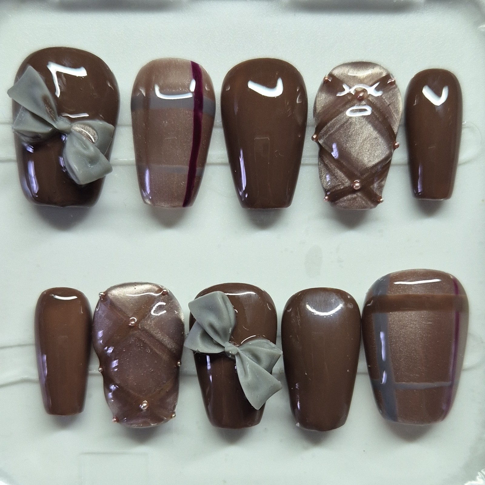 Brown Gray 3D Bow Square Oval Press-On Nails Set Pre-Designed Full Cover