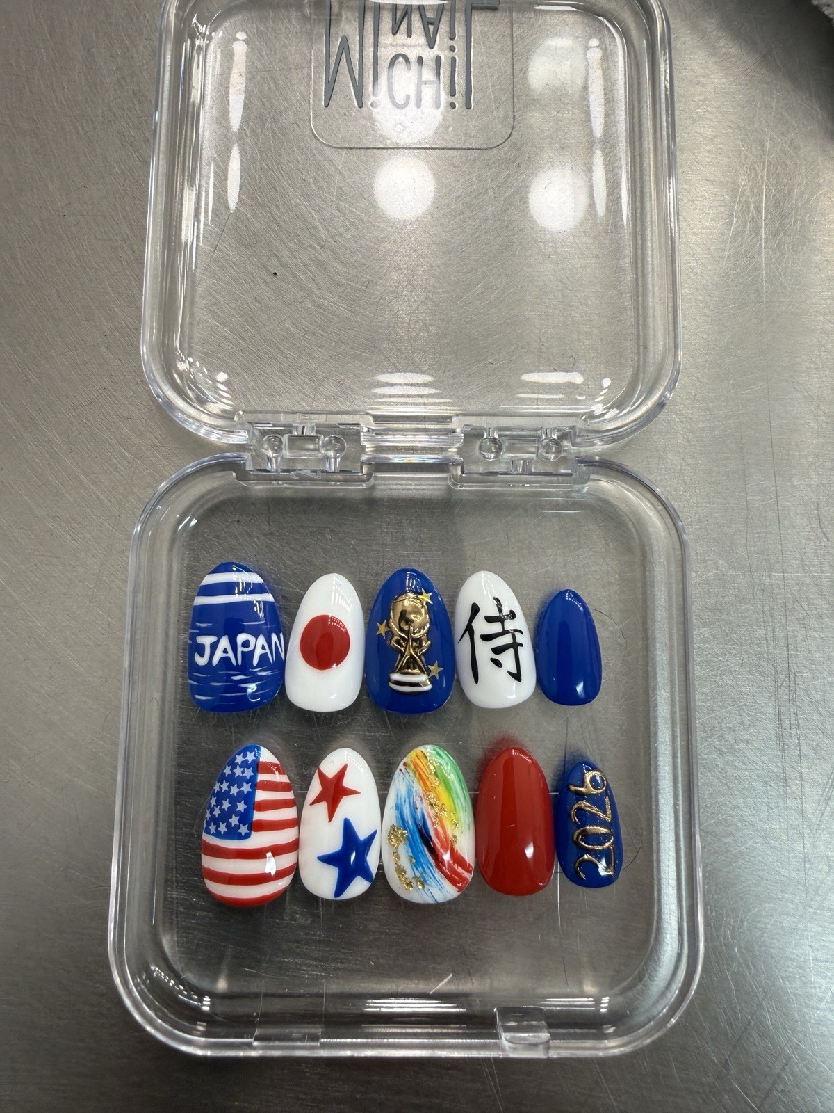 World Cup 2026 USA Japan Handmade Press On Nails Red White Blue , Almond