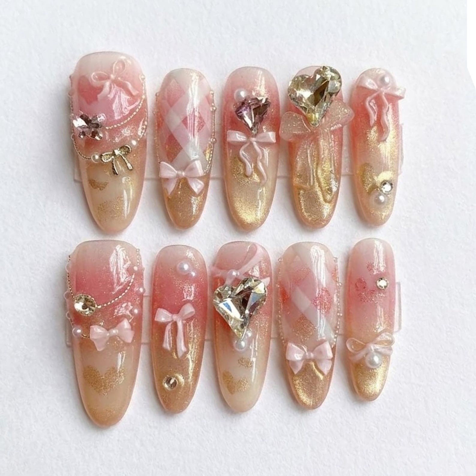 Handmade Pink Gradient 3D Bow Heart Rhinestone Long Oval Press on Nails
