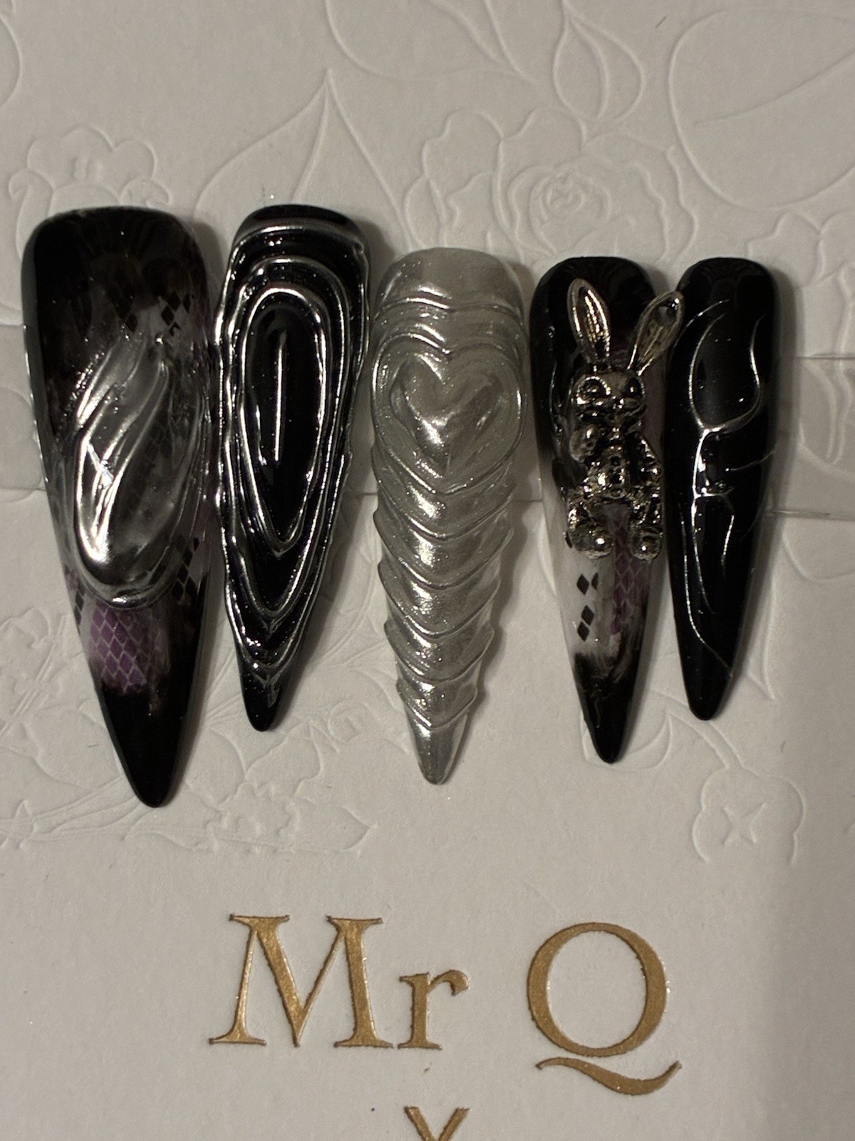 Luxury Designer Stiletto Goth 3D Rabbit Black & White Press On Nails Gift Sets M