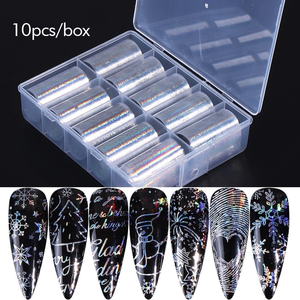 Christmas Nail Art Foils Transfer Stickers 10Rolls Laser Snowflake Nail Foils…