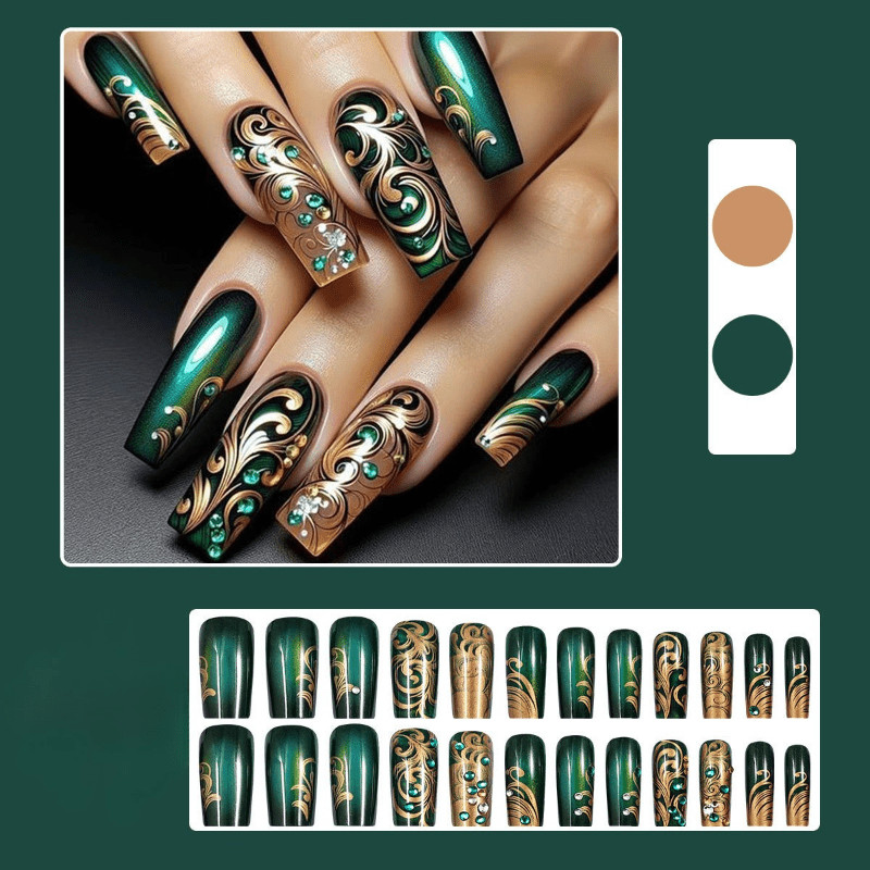 48pcs Long Taper Press on Nails, Dark Green Gold Swirl Rhinestone Luxury Nails