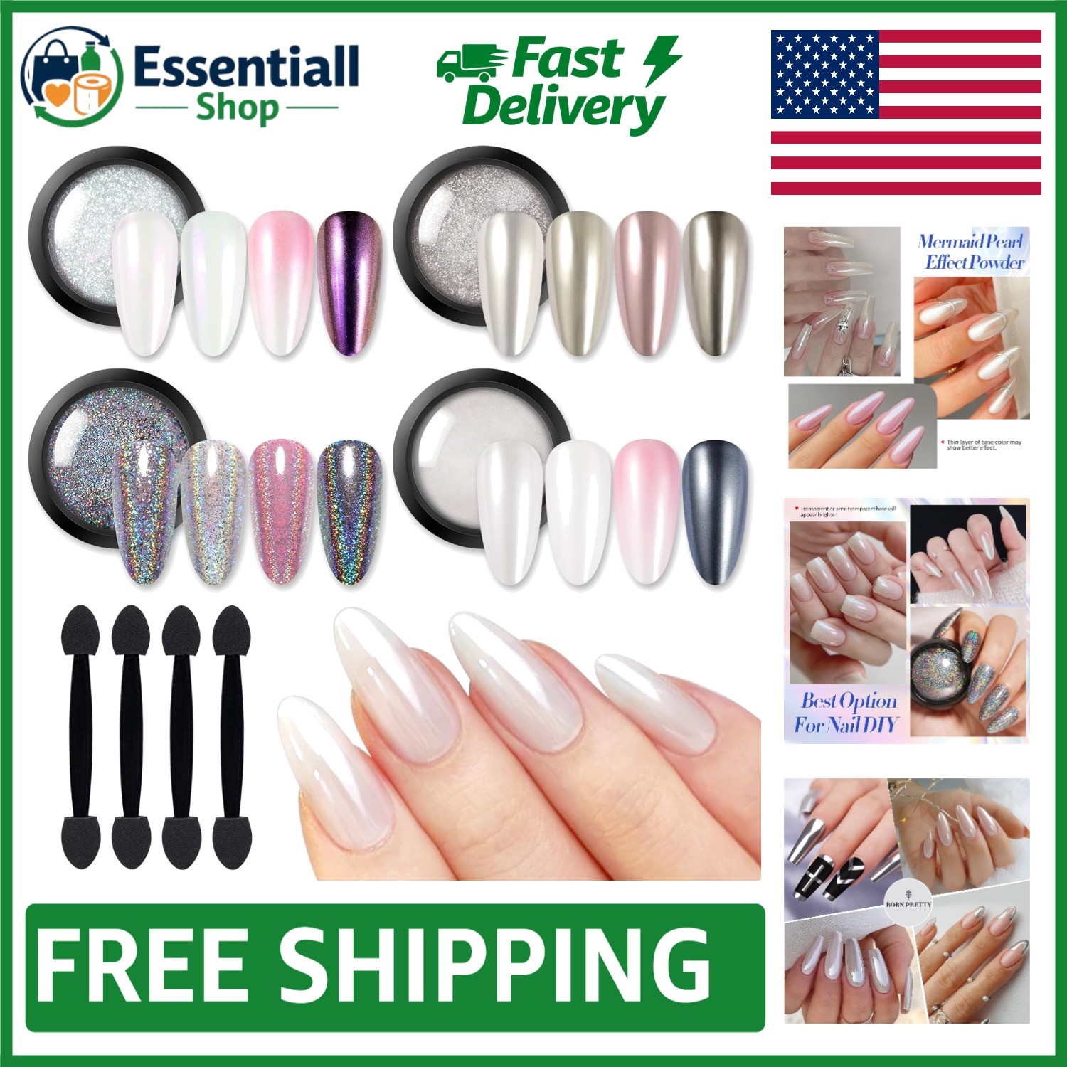 Gorgeous 4-Pc Chrome Nail Powder Set – White Pearl Metallic Holographic Shine