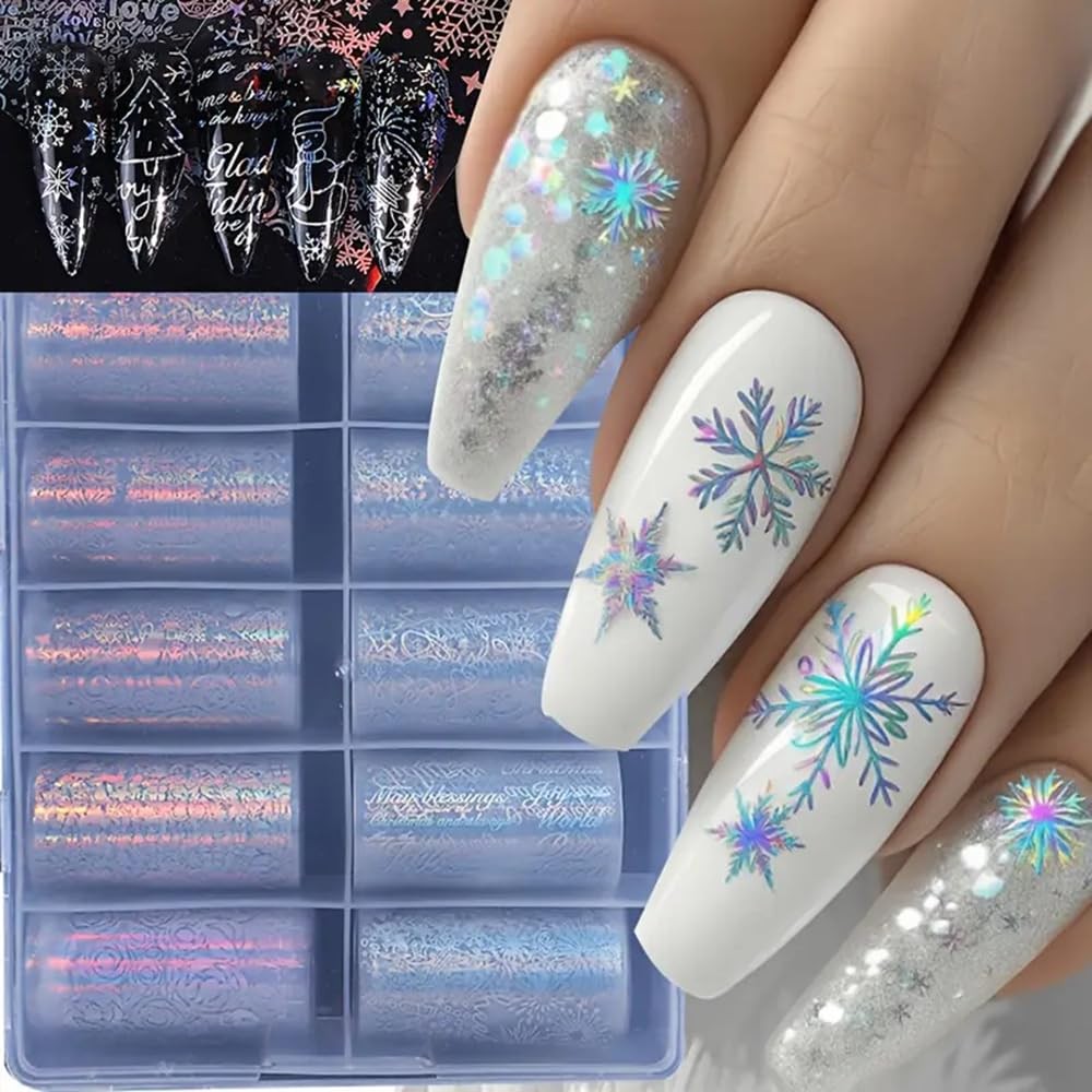 Christmas Snowflake Nail Foil Transfer Stickers, 10 Rolls Nail Art Supplies N…