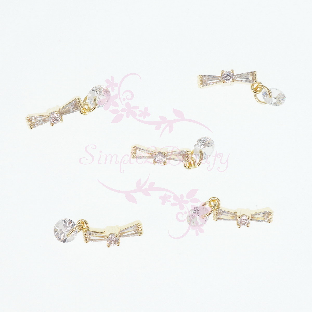 5 Clear Zircon Bow Shape Dangle Design Luxury Nail Art Manicure Jewelry Charms
