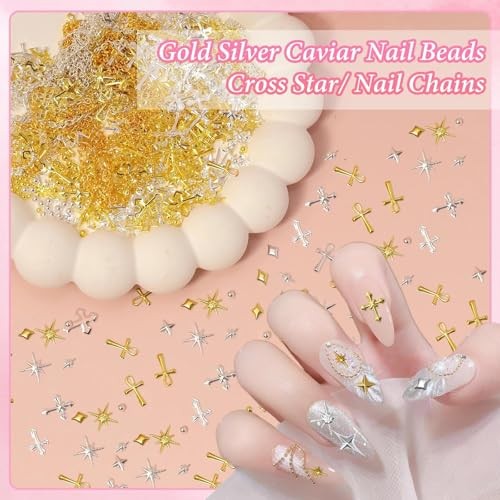 Gold Silver Caviar Nail Beads, 3D Starburst Chain Cross Nail Charms, Alloy S2