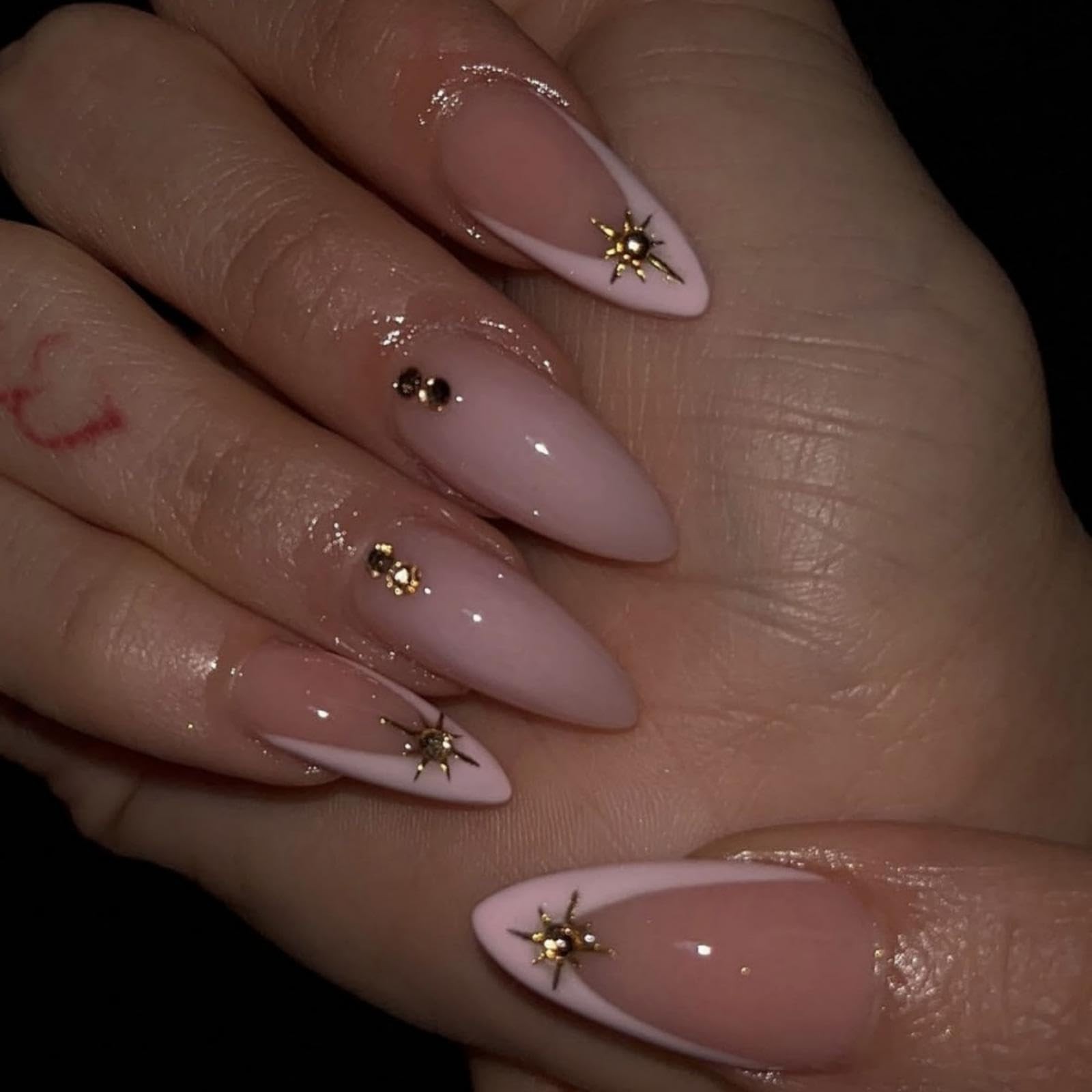 Almond Press on Nails Medium Fake Nails with 5D Rhinestone Star Charm Design …