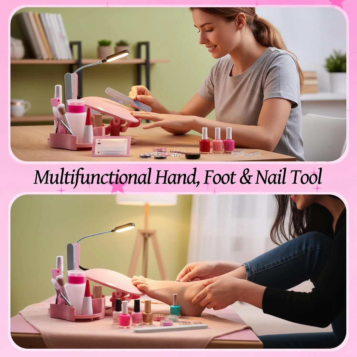 Nail Hand Rest Stand With LED 3 Piece Manicure Set Pink Adjustable Salon Station