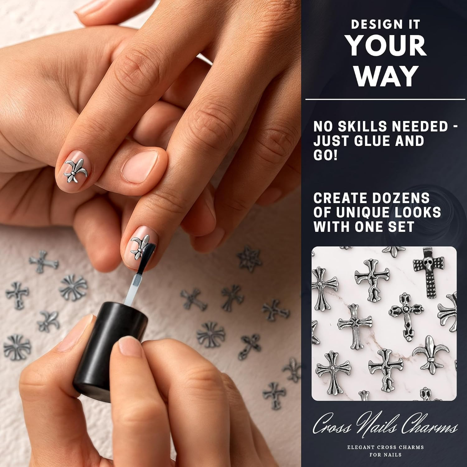 120pcs Silver Cross Nail Charms Y2K Gothic Chrome for Press-On & Nail Art