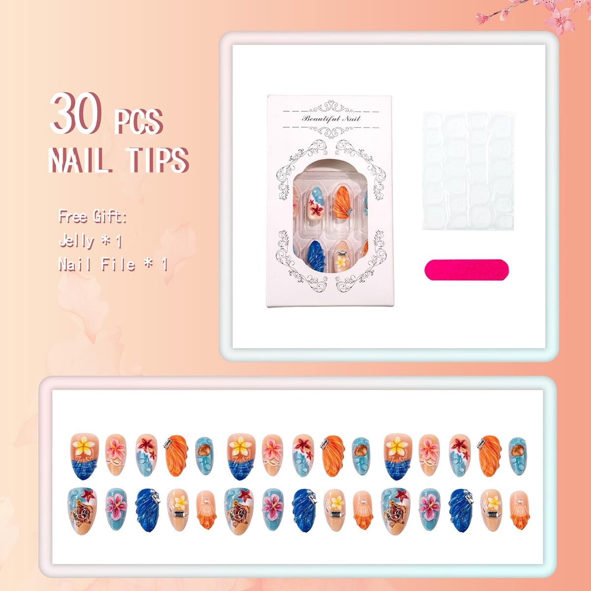 KRTBKR 30pc short almond press on nails, turtle hibiscus