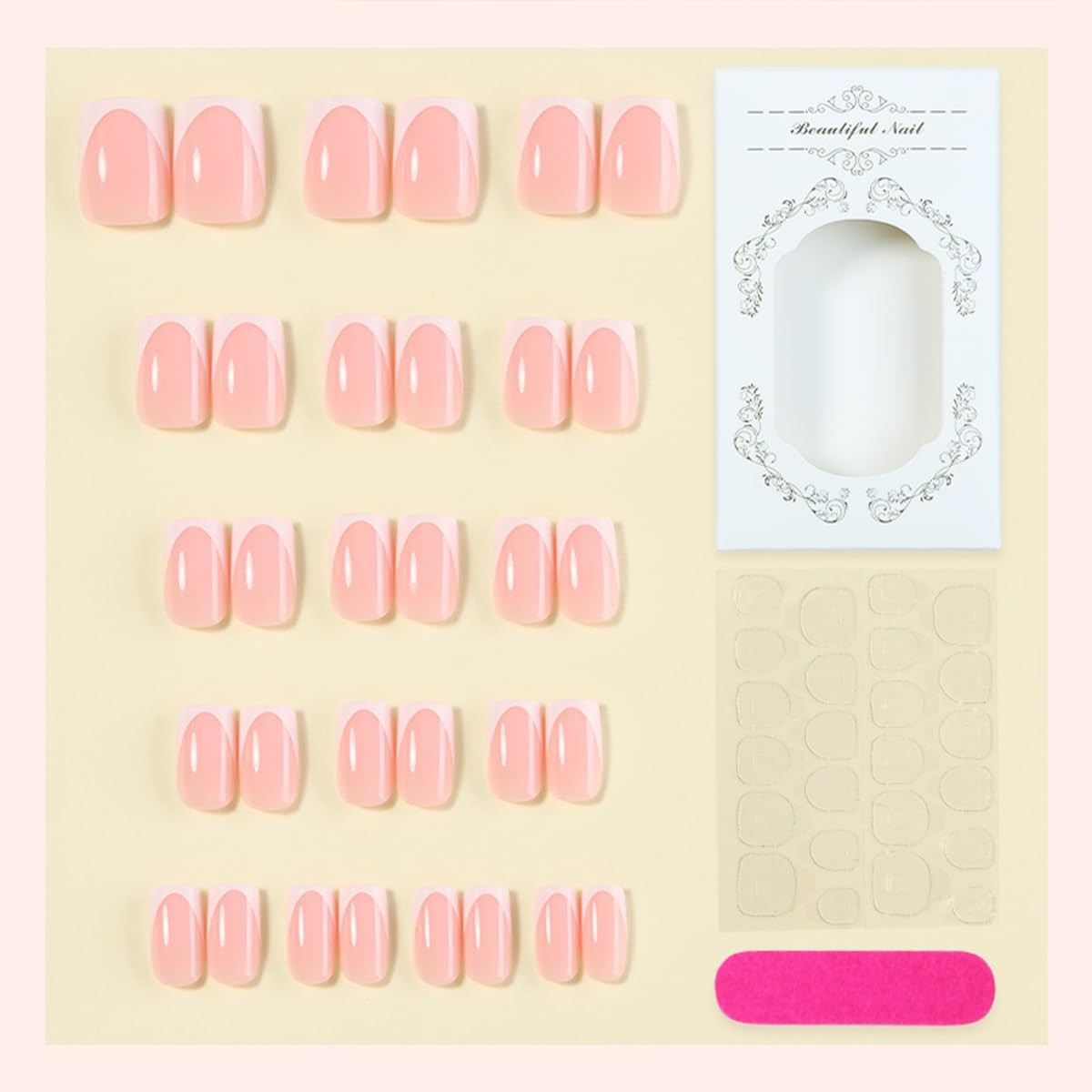 White French Tips Press on Nails Short Square Pink False Nails Summer Glossy …
