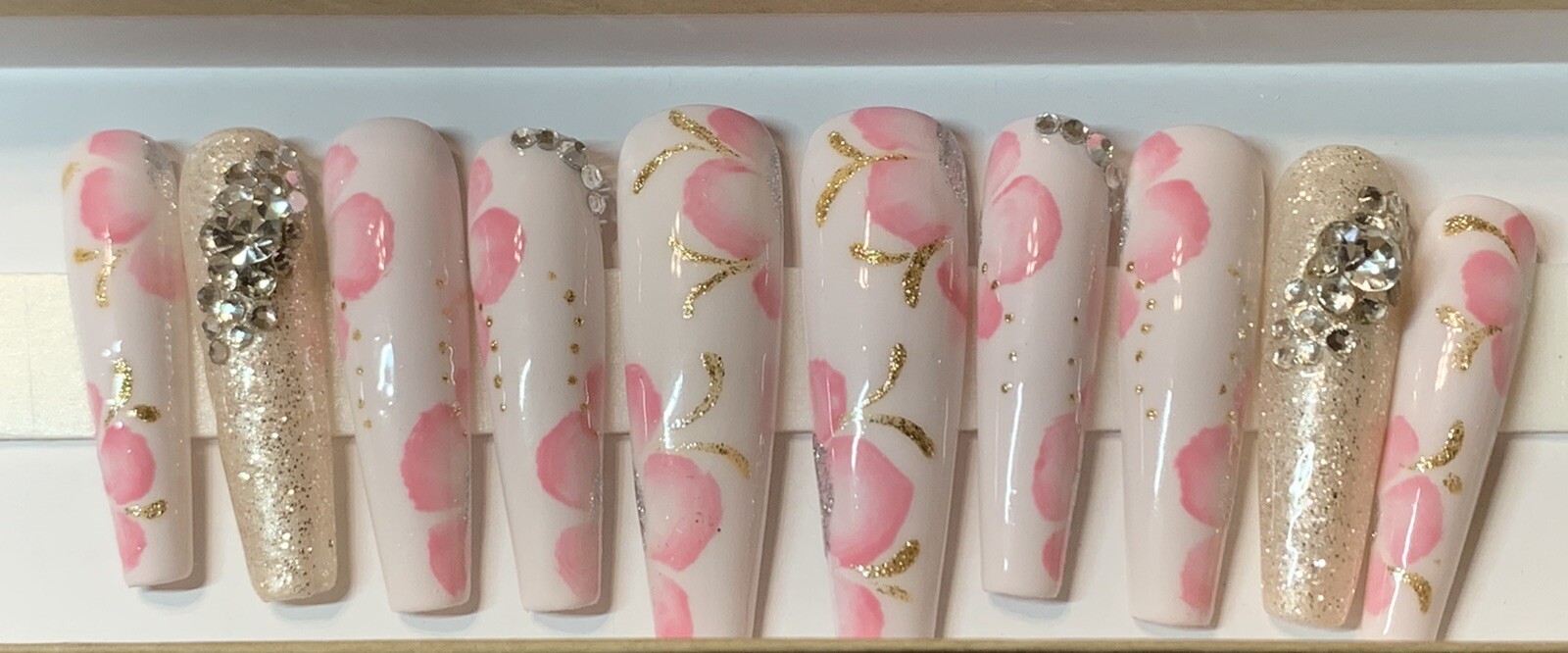 XL Custom Hand Made Coffin Press On Nails Size Large 0,4,3,5,7 Crystal Cluster