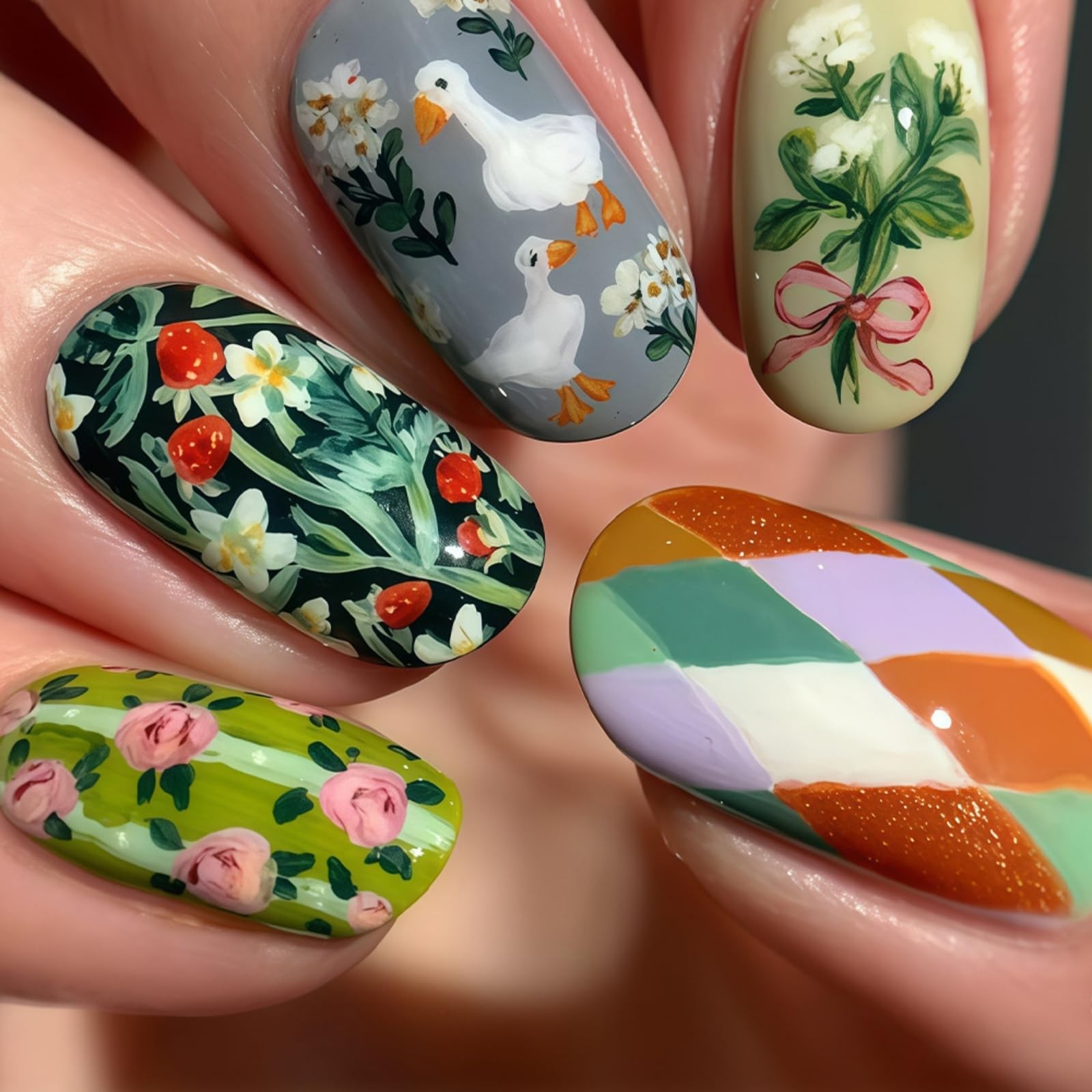 NBNTGH 24Pcs Oval Flower Press on Nails Style01