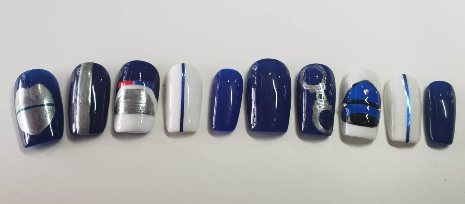 Police Themed Blue and Silver Press-on Nails, Short Square in Medium Size 