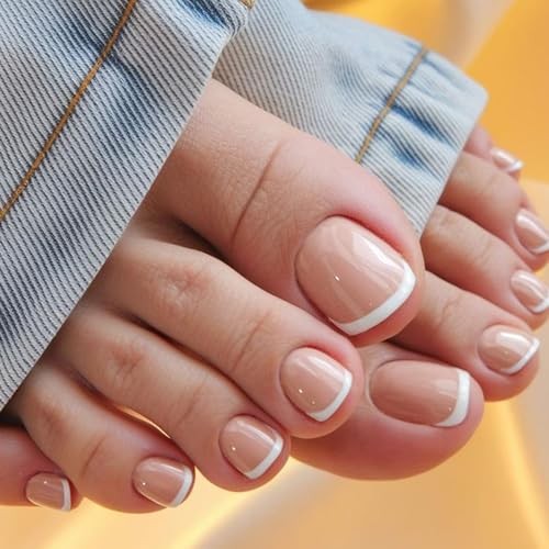 Press on Toenails, Beige Pink French Tip Glue on Toe Nails, Classy Toe Nails