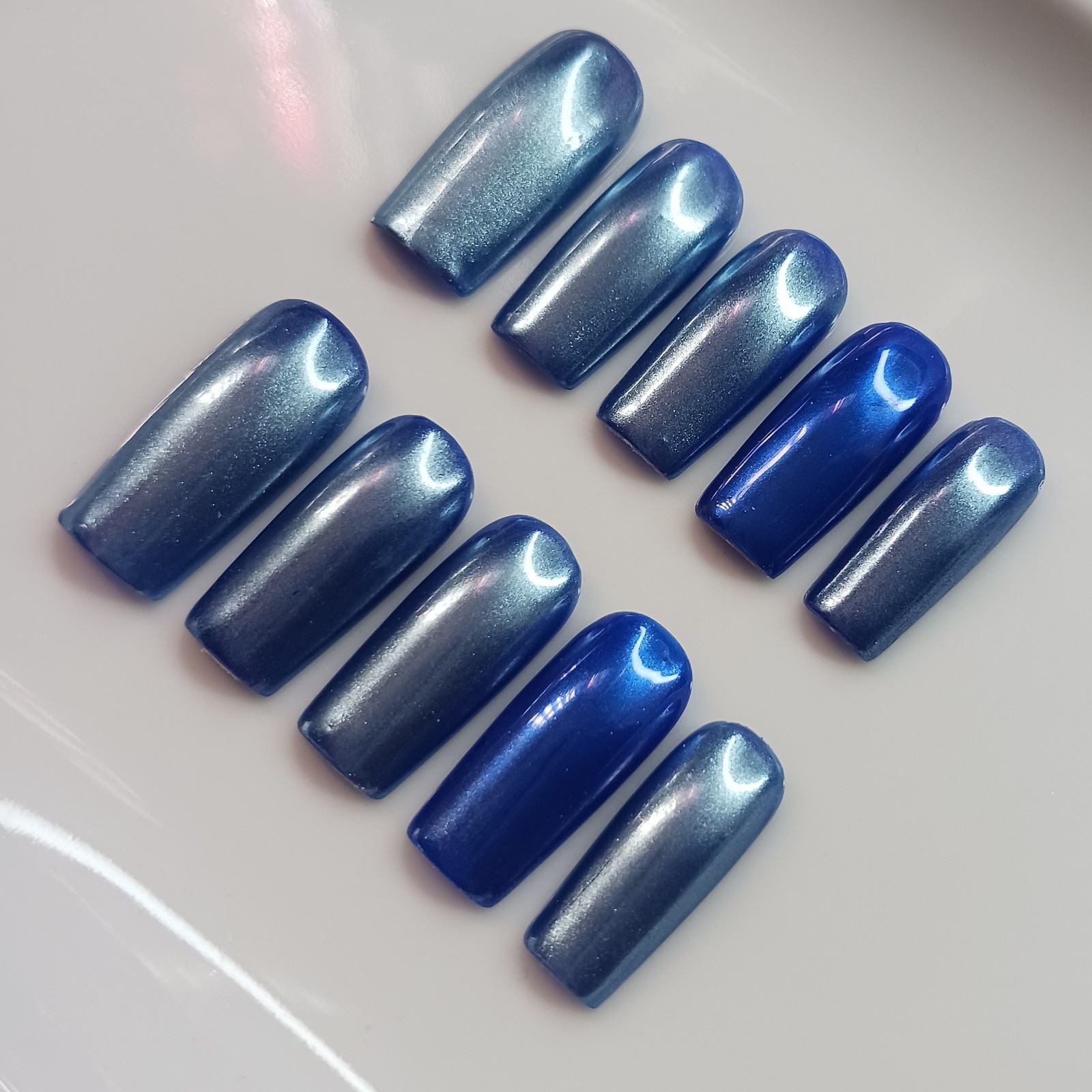 Blue Chrome Square Handmade Press-On Nails 10pcs Set Size S