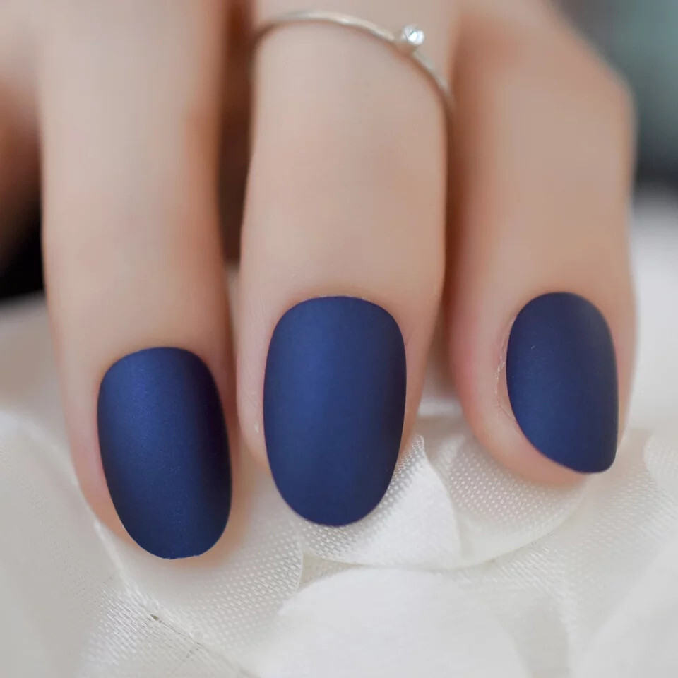 24 Short Press on nails kit w/ glue dark blue satin oval