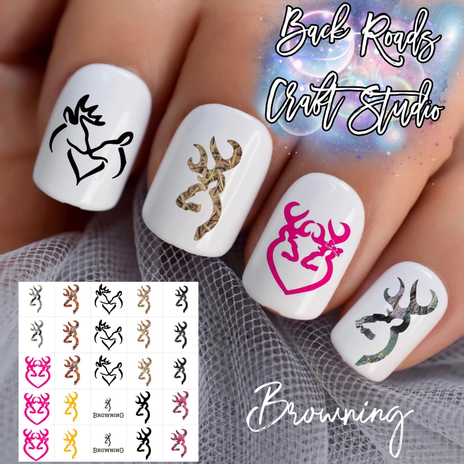 Browning Deer Hunting Waterslide Nail Art Decals Set of 50 Instructions & Bonus