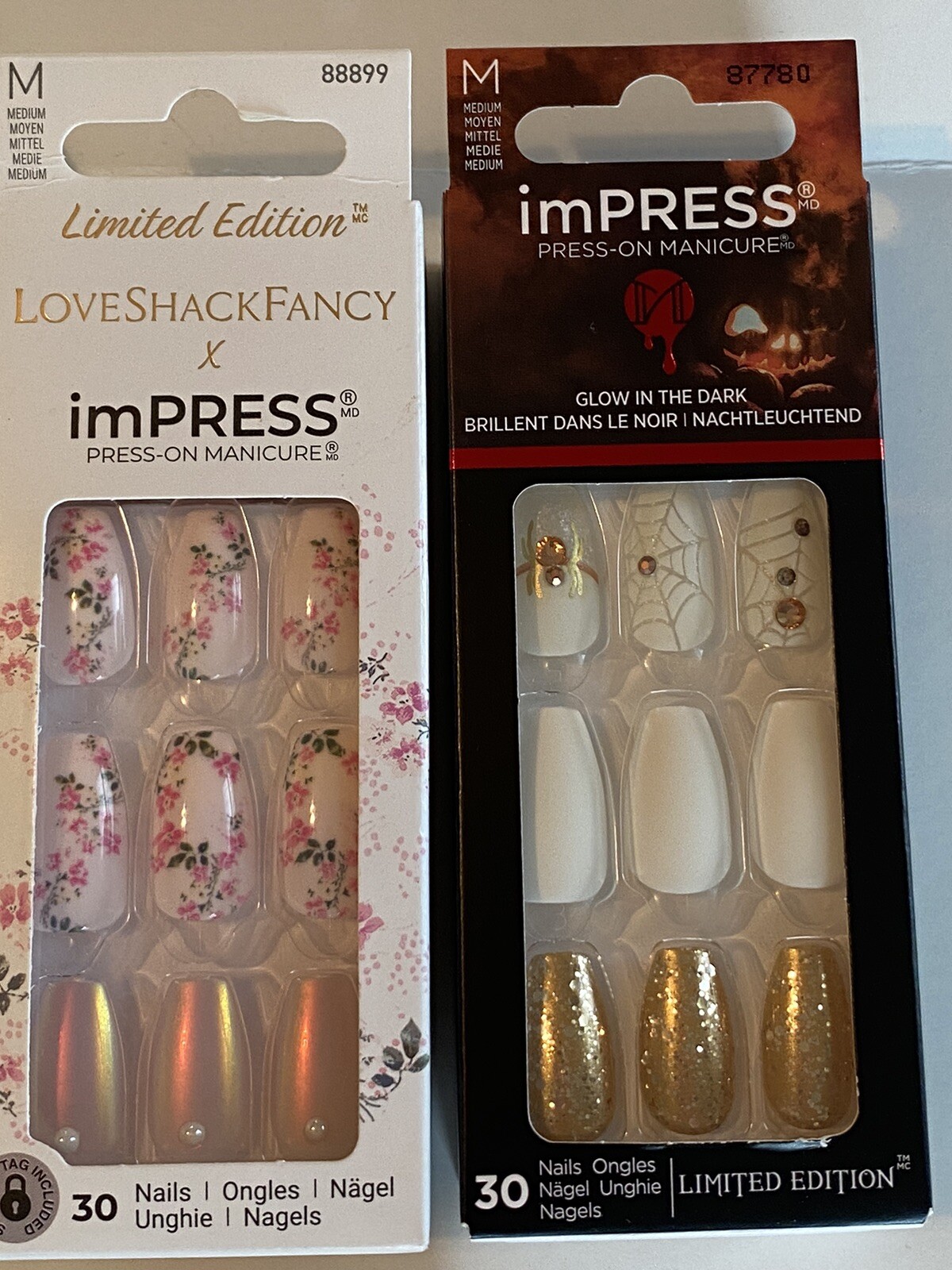 Kiss impress Medium Press On Nails x6-Love Shack Fancy Pink Floral White Glitter
