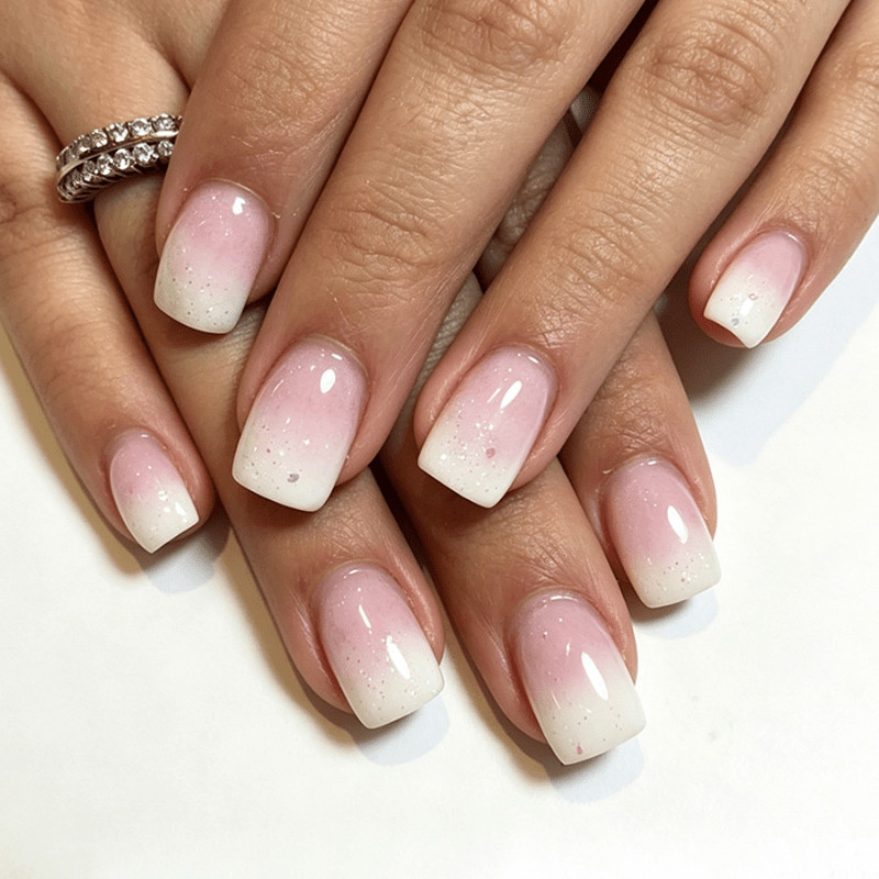 48Pcs Short Square Nails, Pink White Gradient Glitter, Nude Daily Manicure