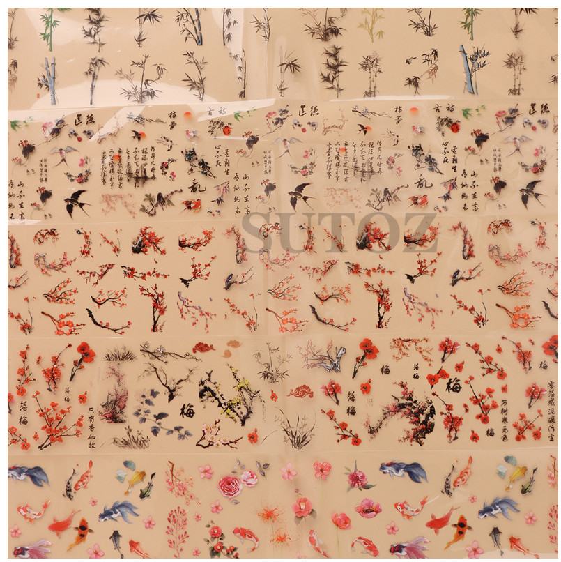 10Pcs Ink Asian Pictures Flower Nail Art Transfer Foil Sticker Manicure RTY NS54