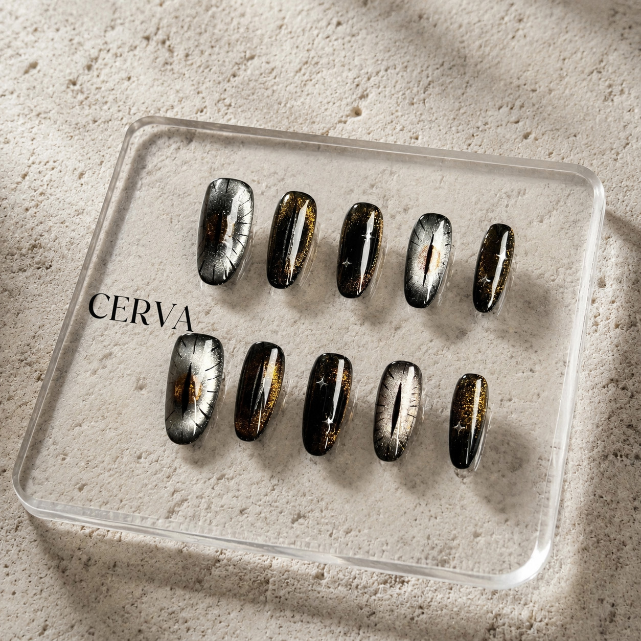 Handmade Cat Eye Dragon Eye Press On Nails Reusable Luxury Black Gold Glossy