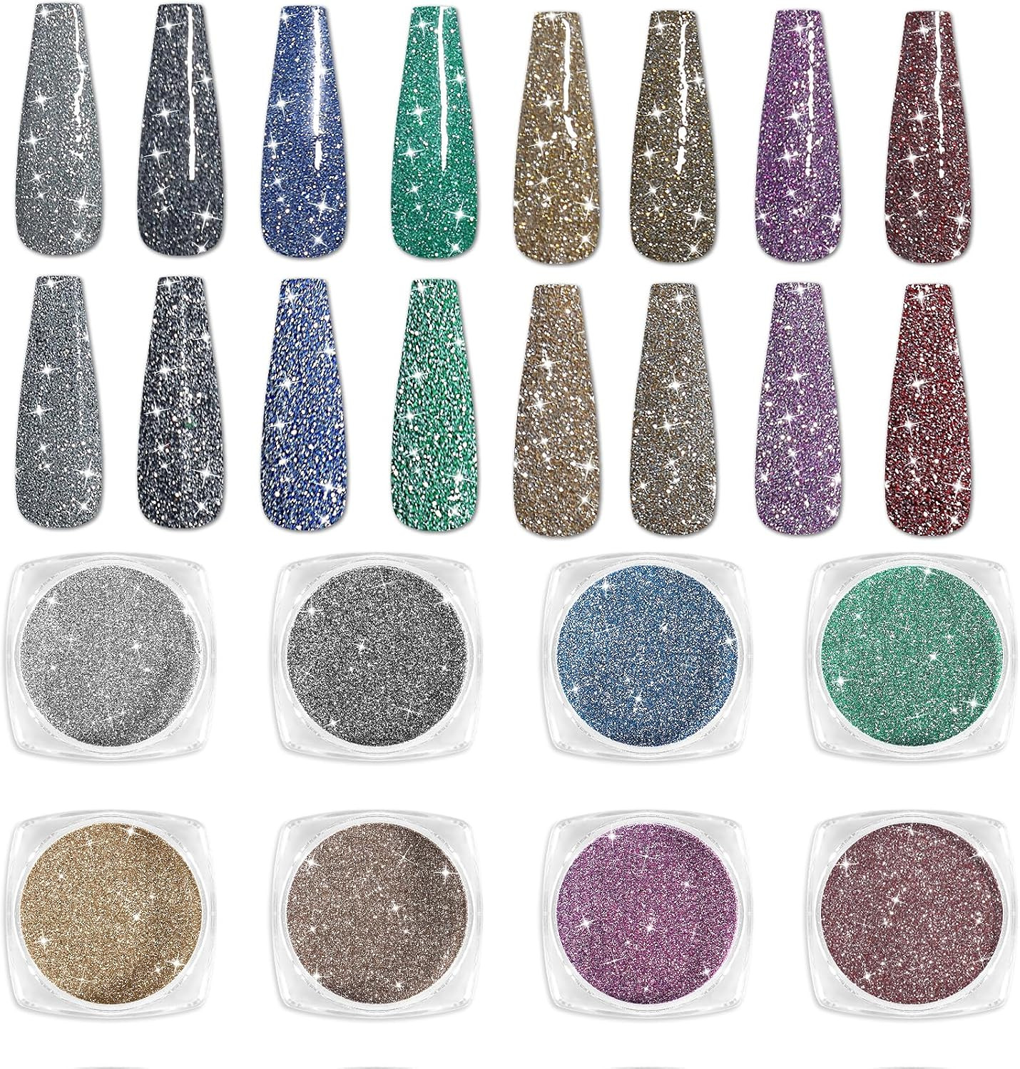 8 Colors Nail Art Glitter Diamond Dust Iridescent Nail Powder Chunky Glitter Con