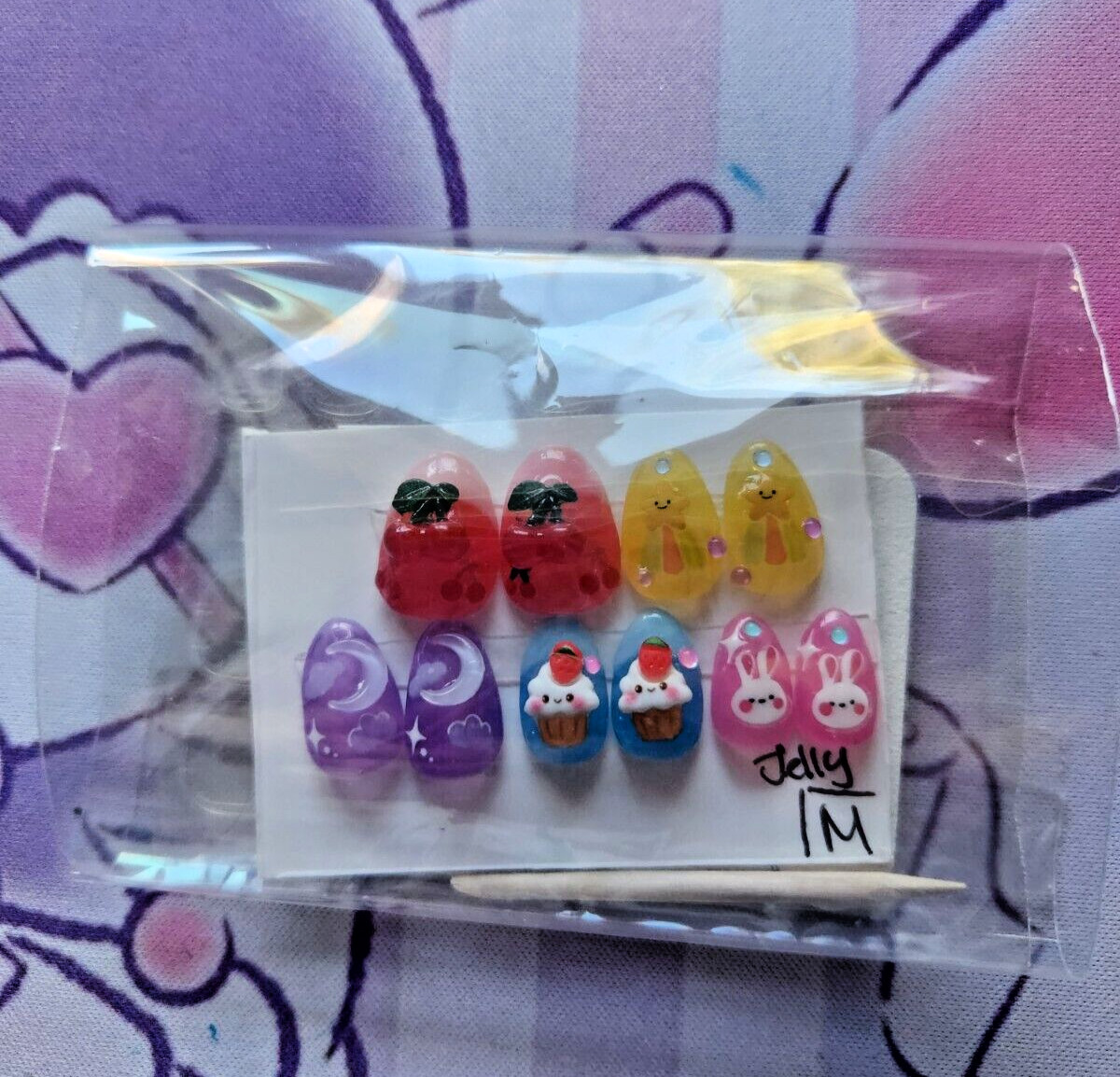 Hand Painted “Fun Jelly” Extra Short Almond Length Press On Nails (size M)
