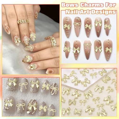 90 Pcs 3D Alloy Bow Nail Charms Gold