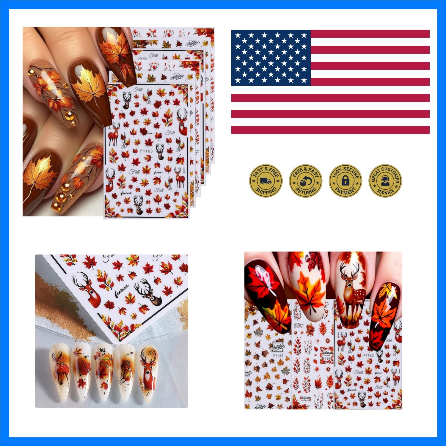 Fall Nail Stickers Maple Leaf Nail Decals 6PCS 3D Self-Adhesive Leaves Deer N…