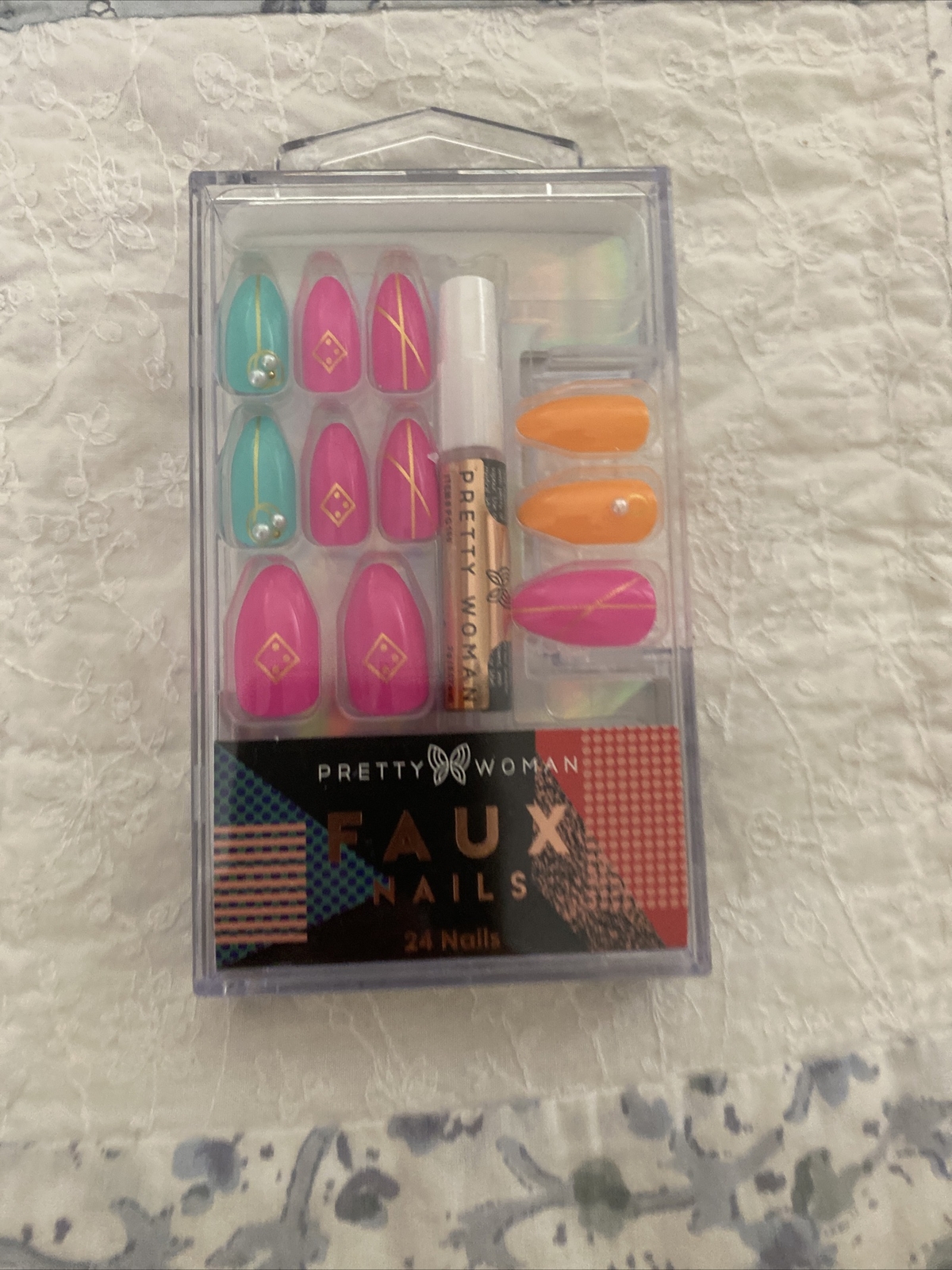 Pretty Woman Faux Nails Pink Teal Pearl Bling Glue On Almond Summer 24