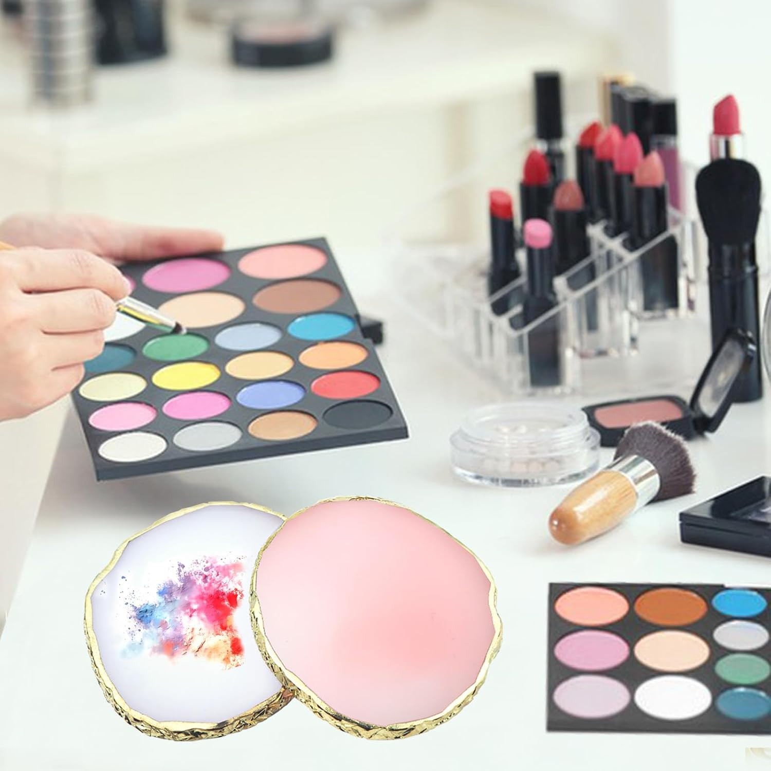 2Pcs Resin Nail Art Palette,Nail Polish Palette,Gold Edge Nails Holder Displa…