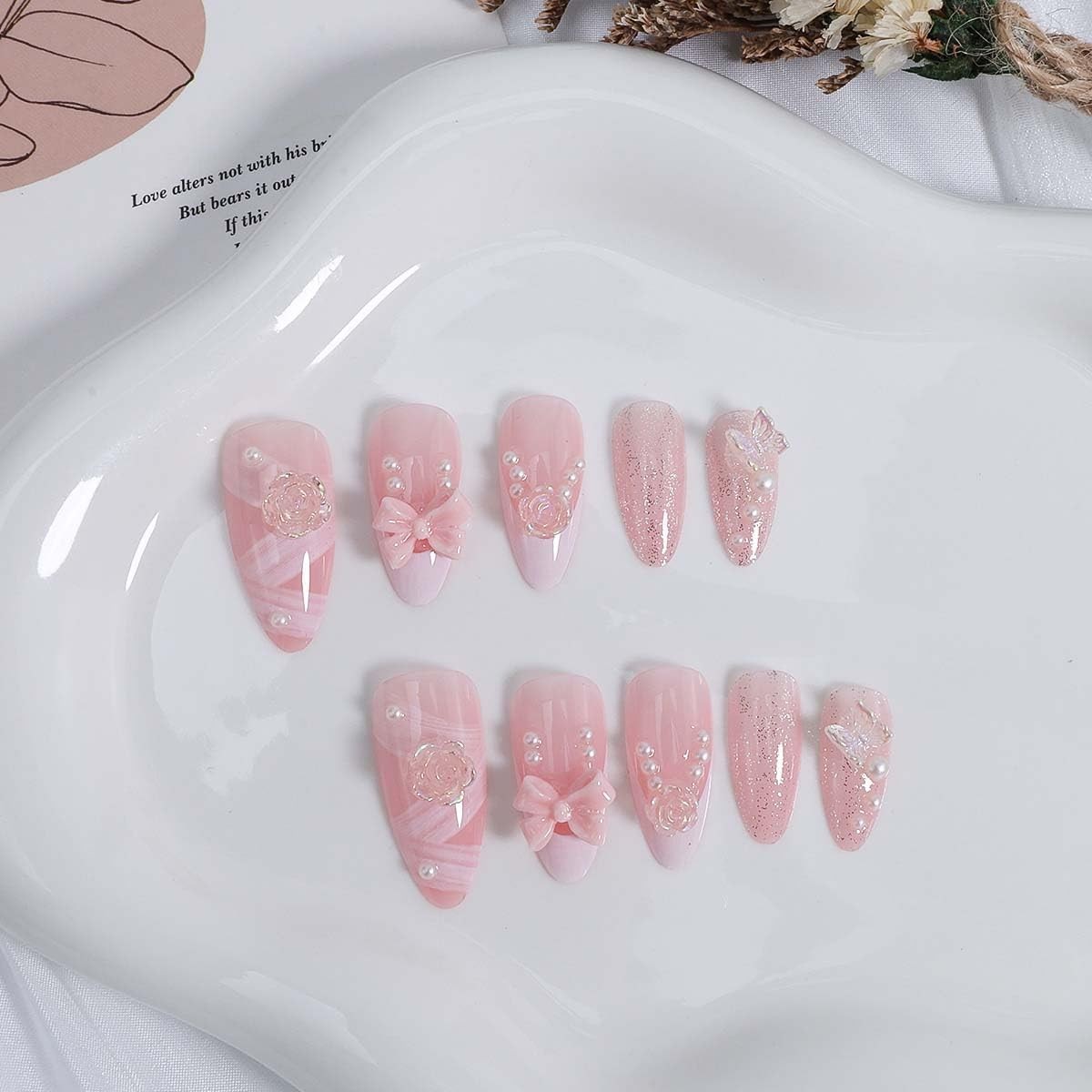 24Pcs French Tip Press on Nails Medium Almond Bow 3d Flower Fake Nails With P…