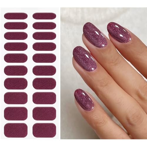 Gel Nail Stickers Glitter Dark Red Semi Cured Gel Nail Strips Wraps UV/LED