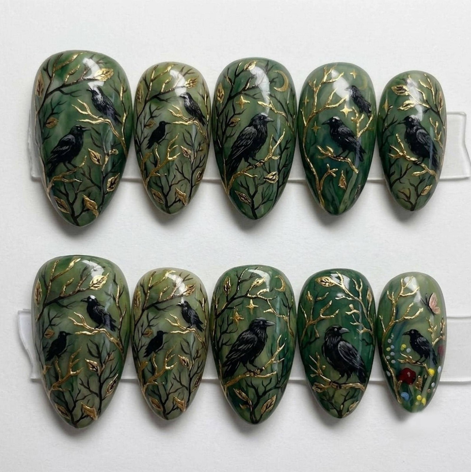 Custom Handmade Gothic Green Raven Branch Moon Gold Foil Almond Press on Nails