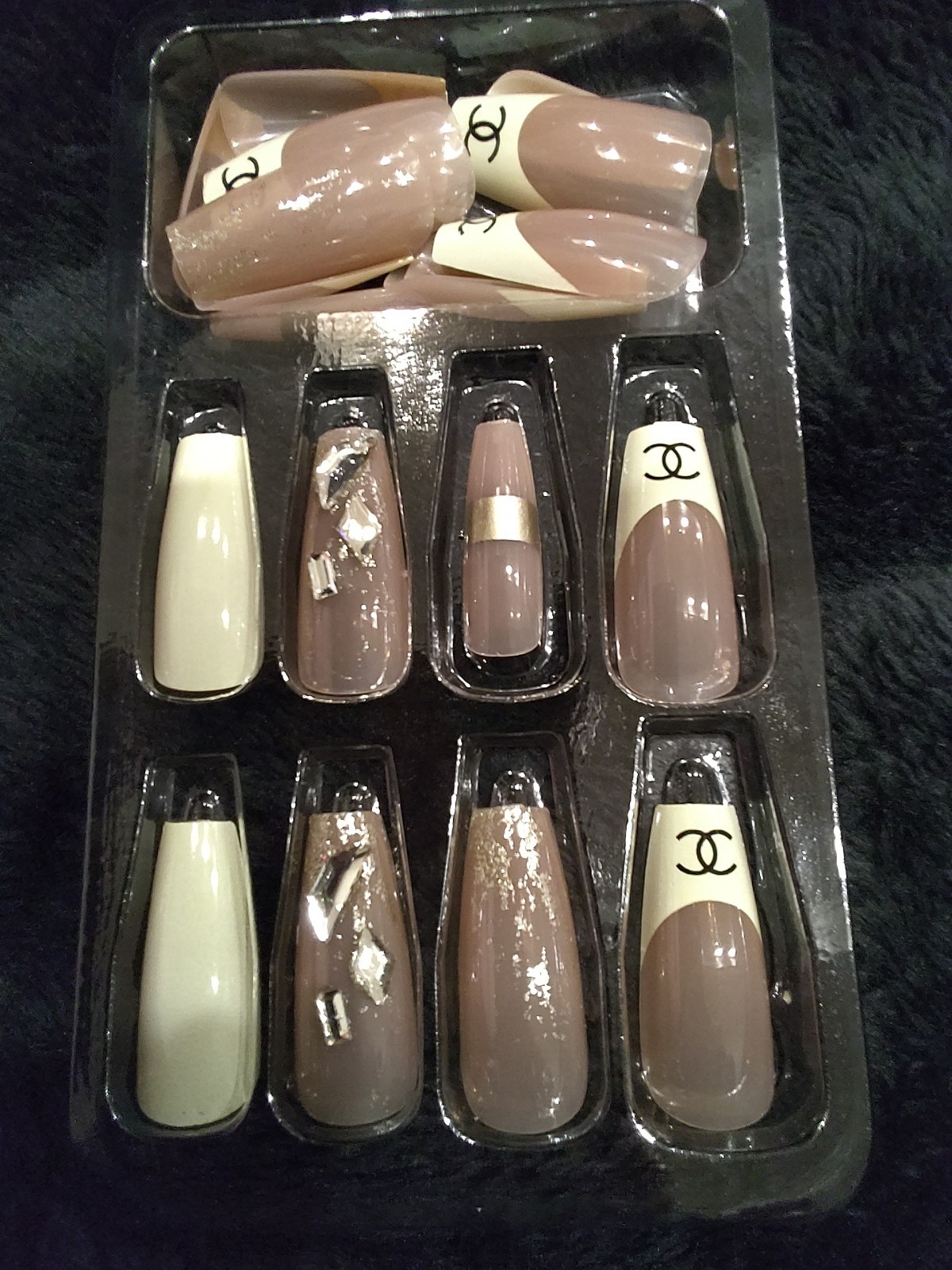 French Salon Quality Press On Nails Luxury Logo Print Rhinestone Long Coffin