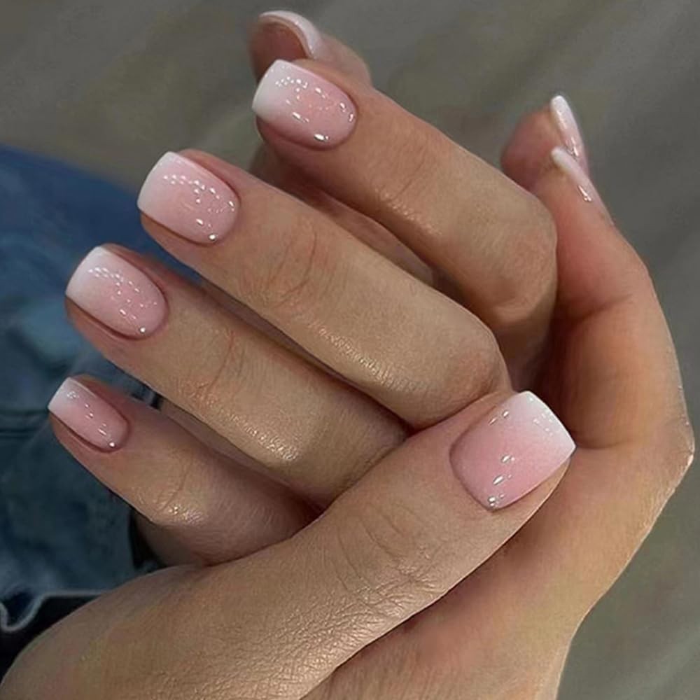 Curvlife Press on Nails Short Square French Natural Acrylic Fake Nails