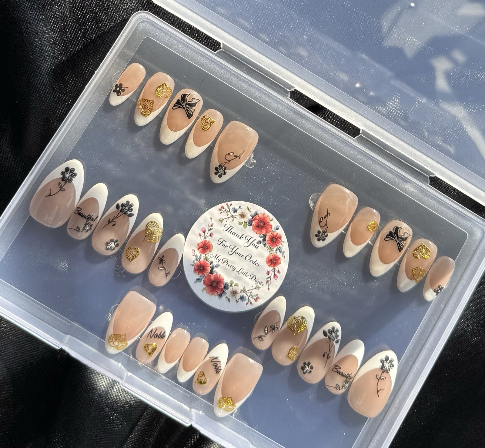 MyPrettyLittleDigits Natural French W/Blk flowers Nail Set Of 26~Free Gifts❣️