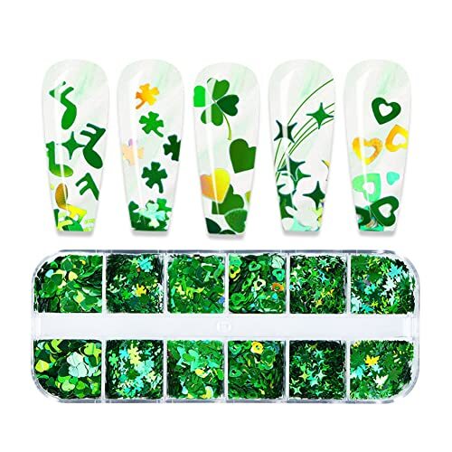 Nail Art Glitter Green Sequins 3D Holographic Laser Hearts Stars Leaves