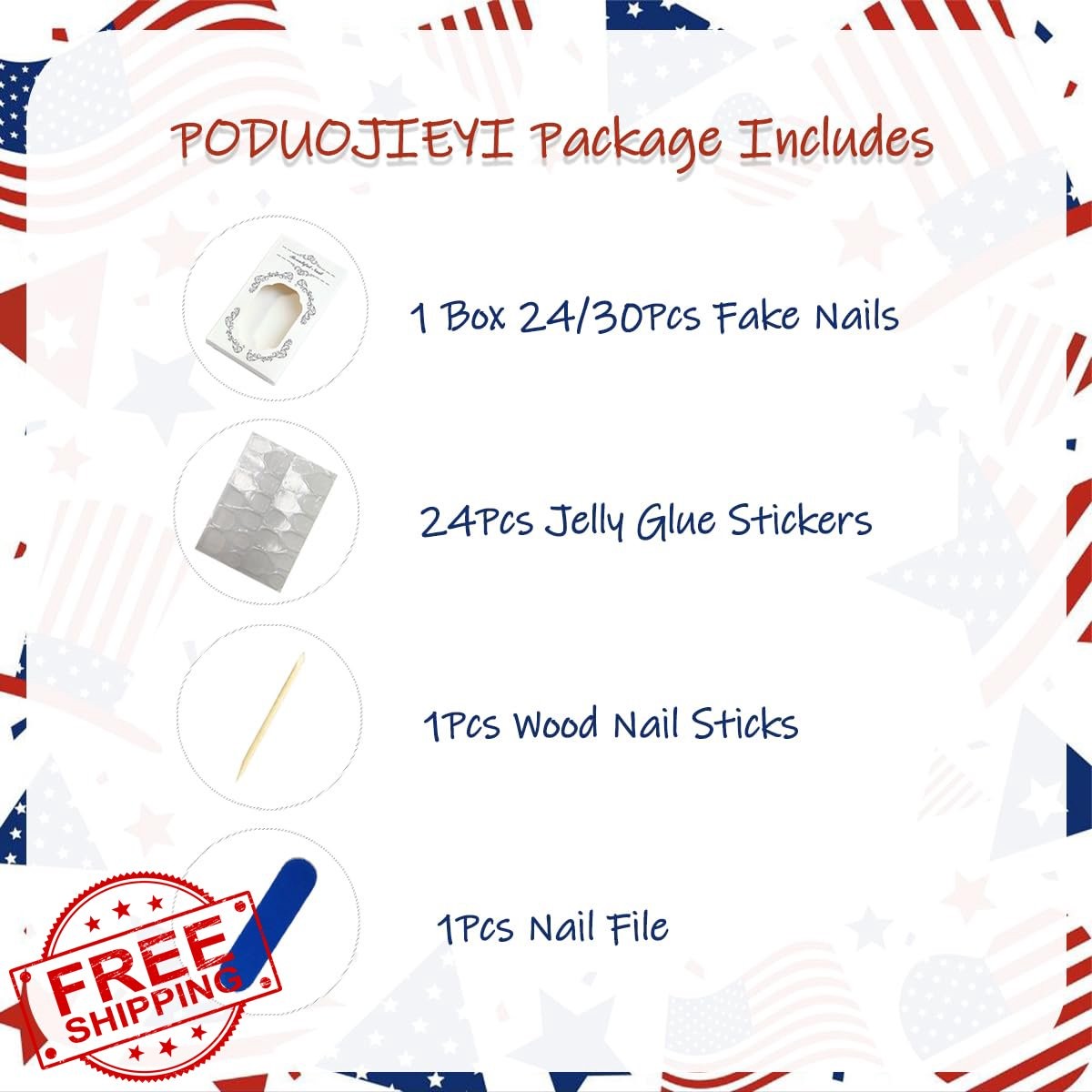 PODUOJIEYI 4th July Press on Nails Red White Blue Star Stripe