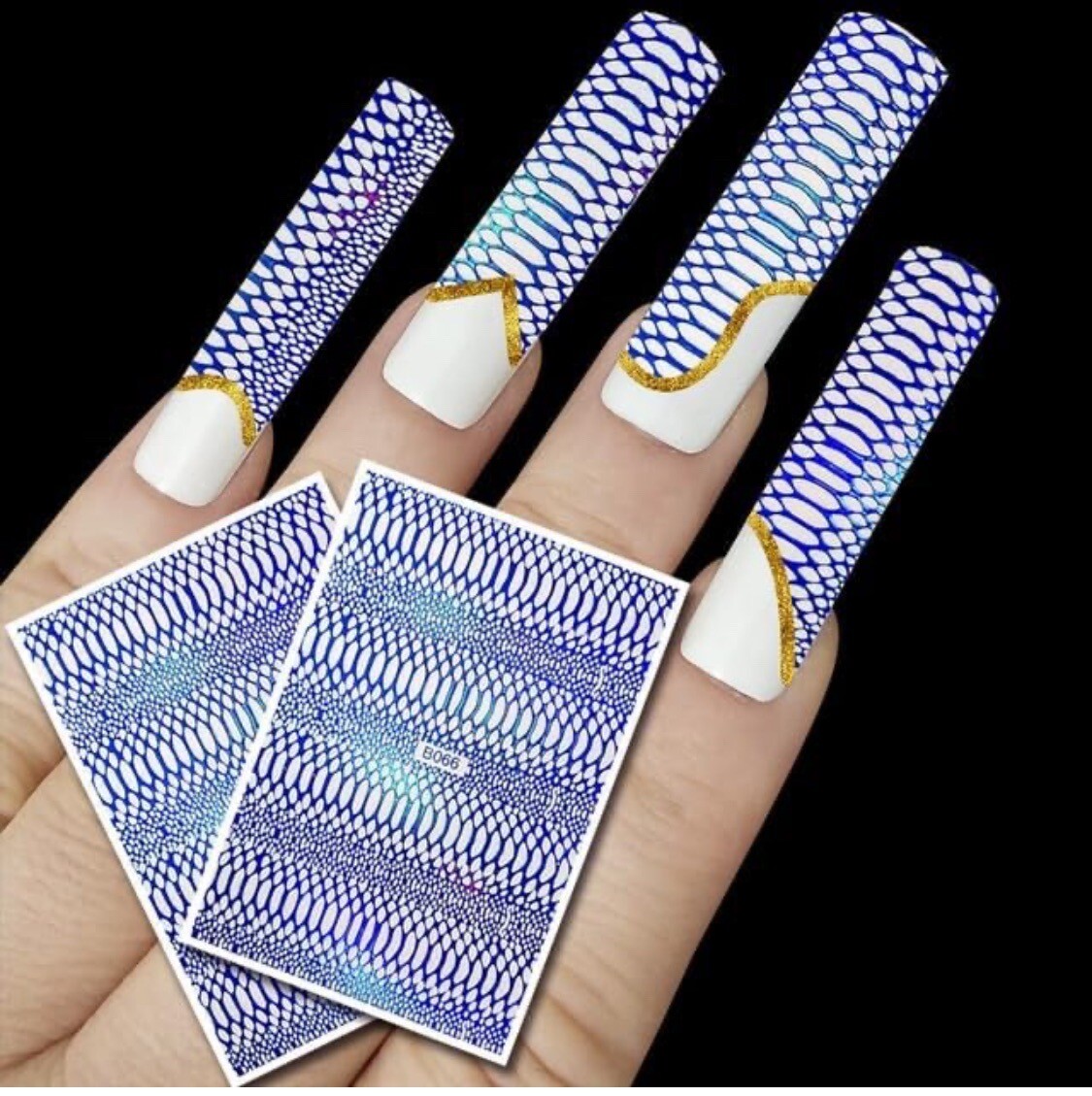 Nail Stickers Art Decal DIY Design 3D Waterproof Blue Lattice B066