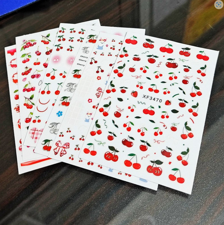 Nail Stickers Waterproof Red Cherry Design DIY Decal Flower Fruit Easy Use NH18