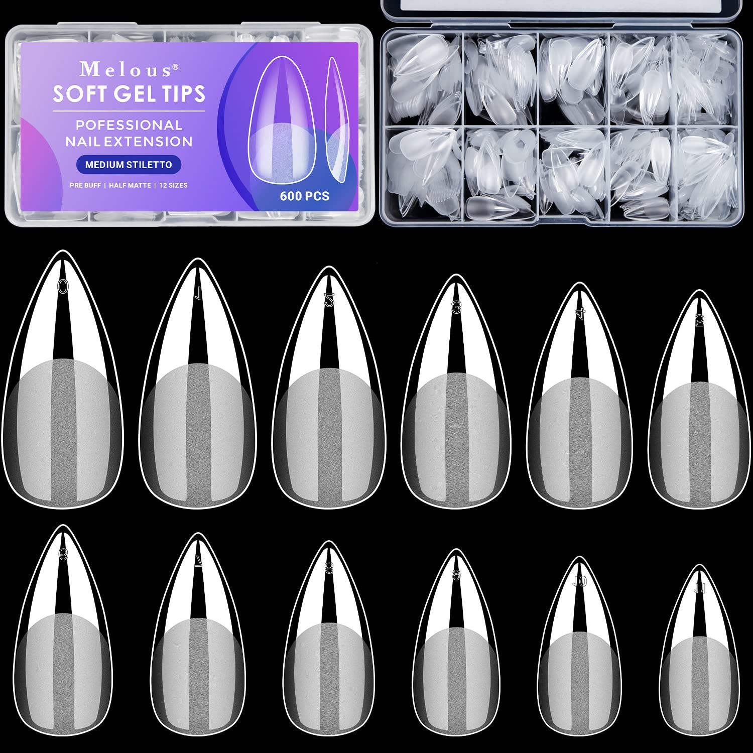 Medium Stiletto Soft 600PCS Pre Buff Full Cover Half Matte Gel Nail Tips