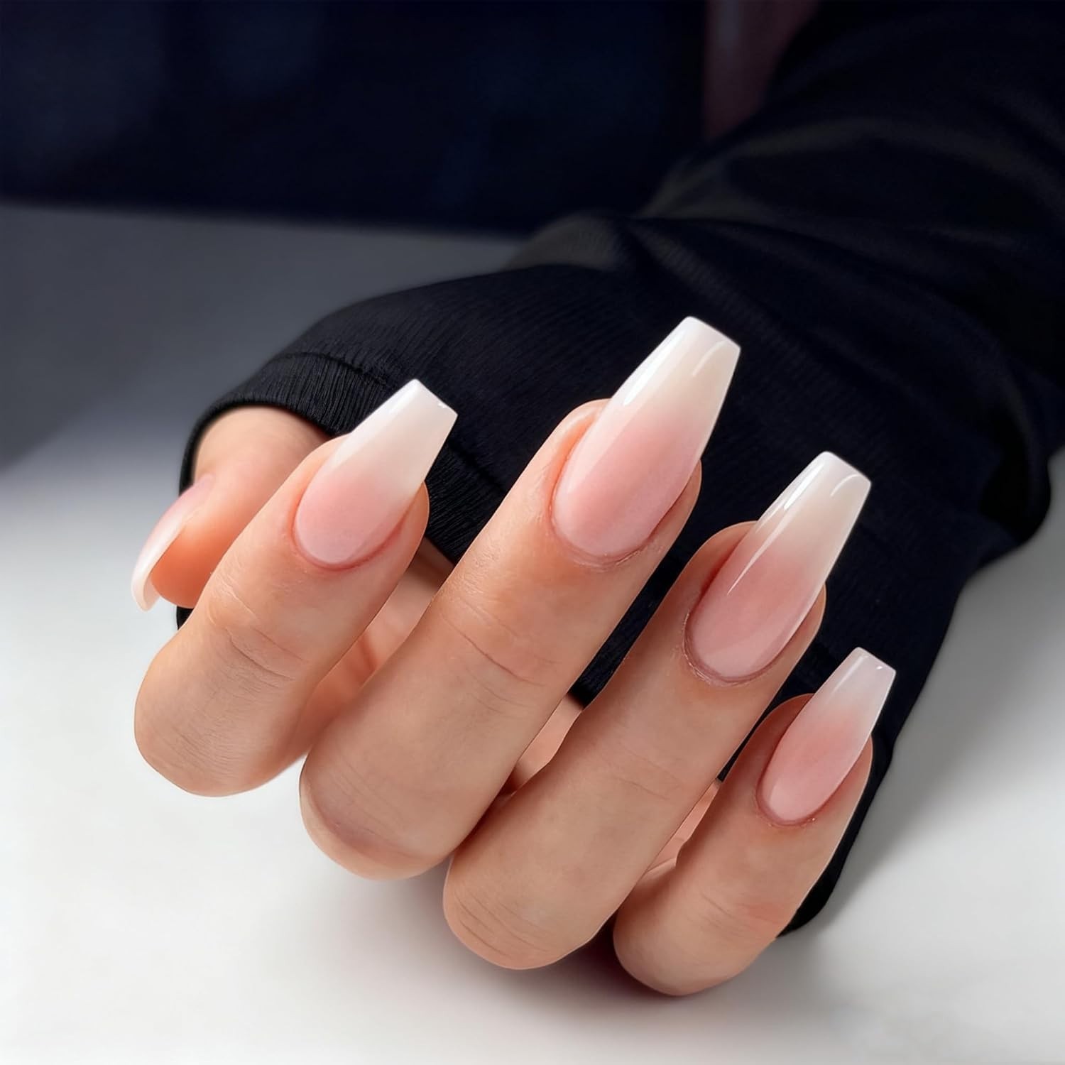 Glossy Ombre Pink Nude White French Ballerina Coffin False Nail Gradient Natu…