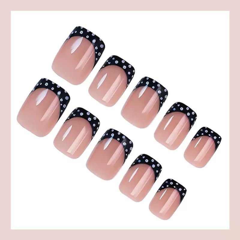 Black French Tip Press on Nails Short Square Fake Nails Polka Dots Style 2
