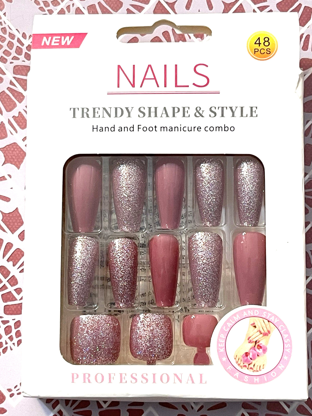 Nails Trendy Shape & Style PINK & GLITTER Long Coffin Finger & Toes Manicure Set