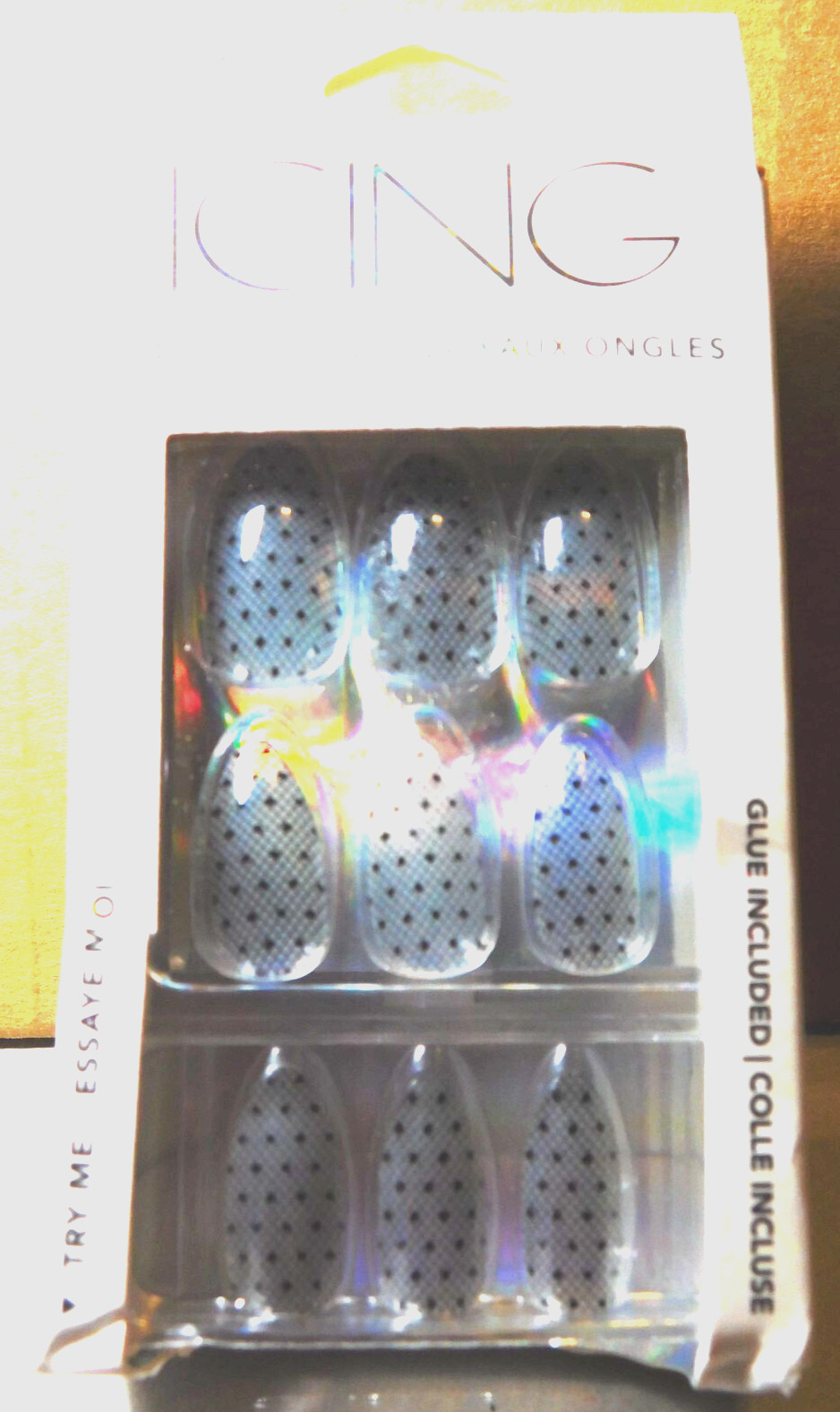 CBI Distributing Corp.~Icing 24 Faux Nails Vegan OA.AN Clear & Black Webs & Dots